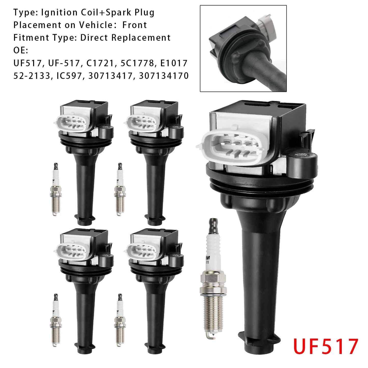 2012-2016 Volvo S60 2.5L L5 UF517+ 5x Ignition Coil Pack Spark Plugs