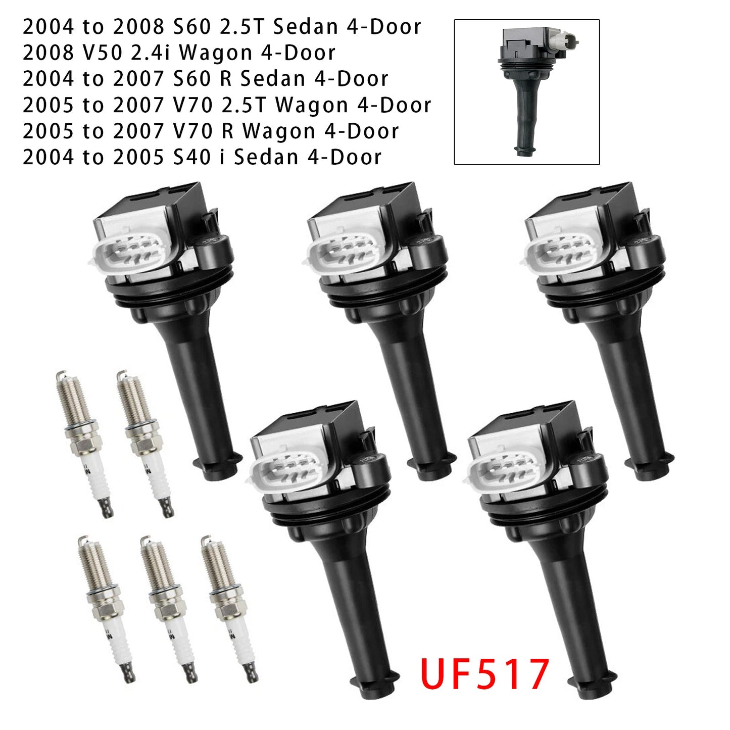2012-2016 Volvo S60 2.5L L5 UF517+ 5x Ignition Coil Pack Spark Plugs