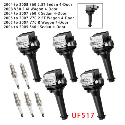 2012 Volvo S60 T6 R-Design Sedan 4-Door UF517+ 5x Ignition Coil Pack Spark Plugs