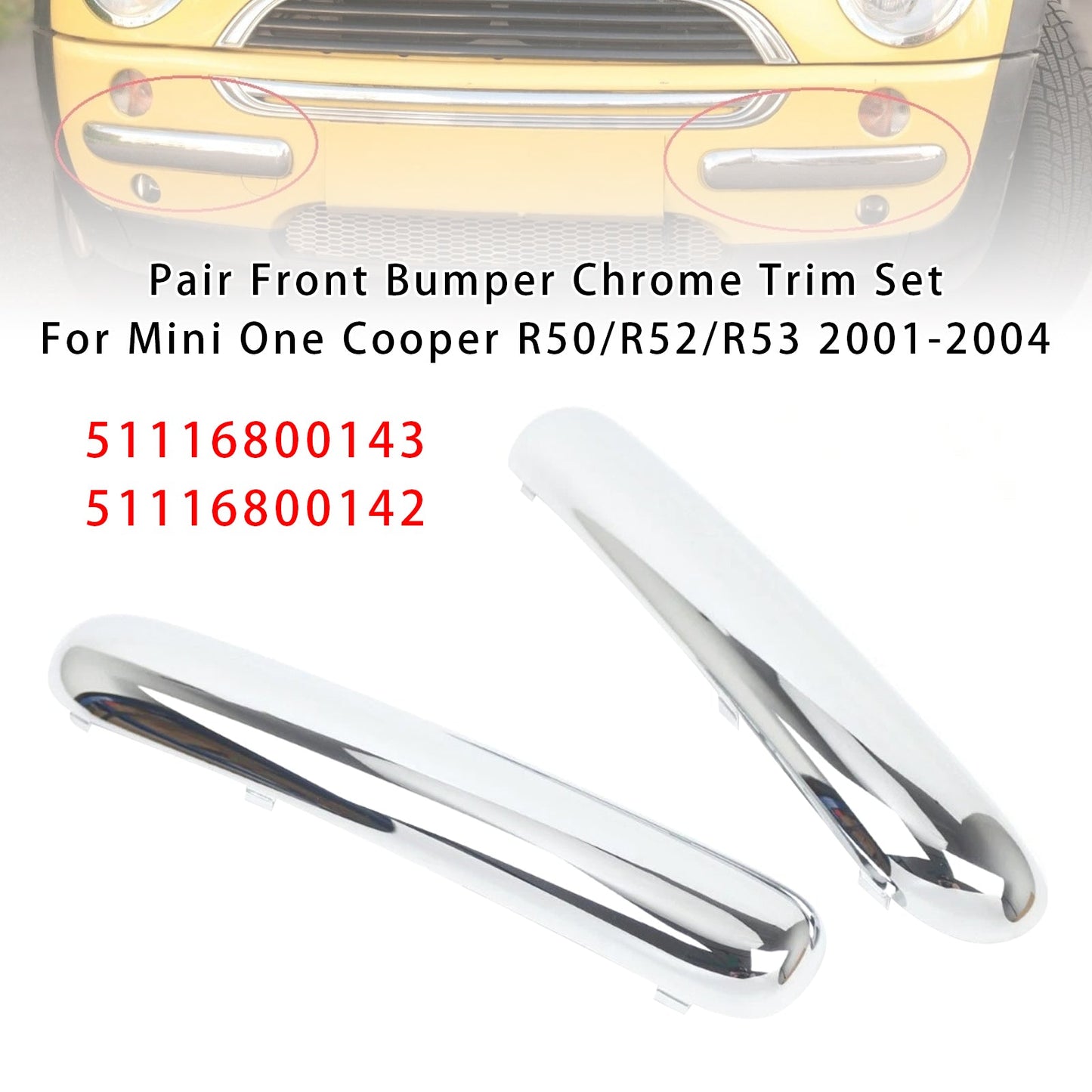 2001.06 - 2004 Mini Copper One Cabrio R50 51116800143 Pair Front Bumper Chrome Trim Set