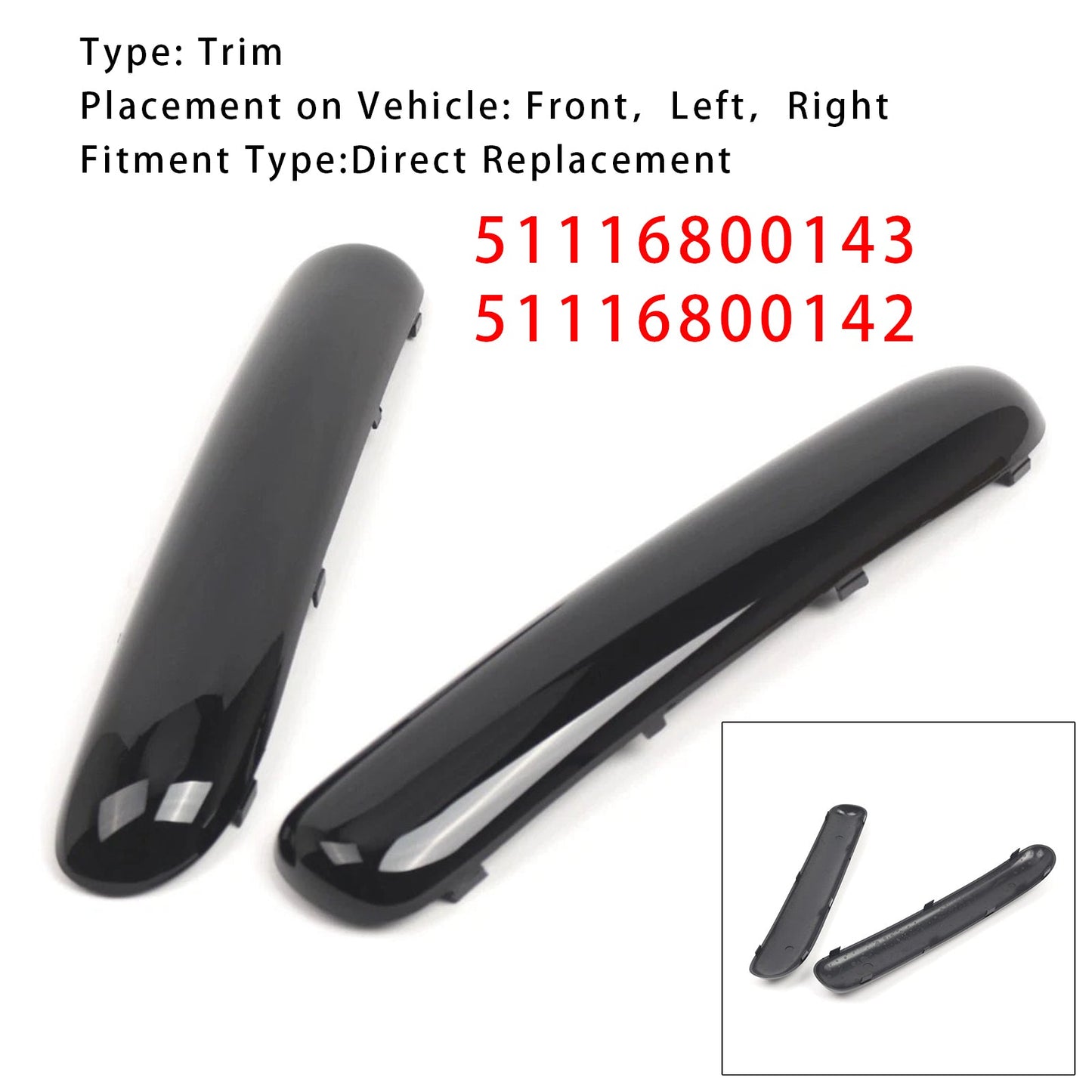 Mini One Cooper R50/R52/R53 2001-2004 Glossy Black 51116800143 Pair Front Bumper Trim Set