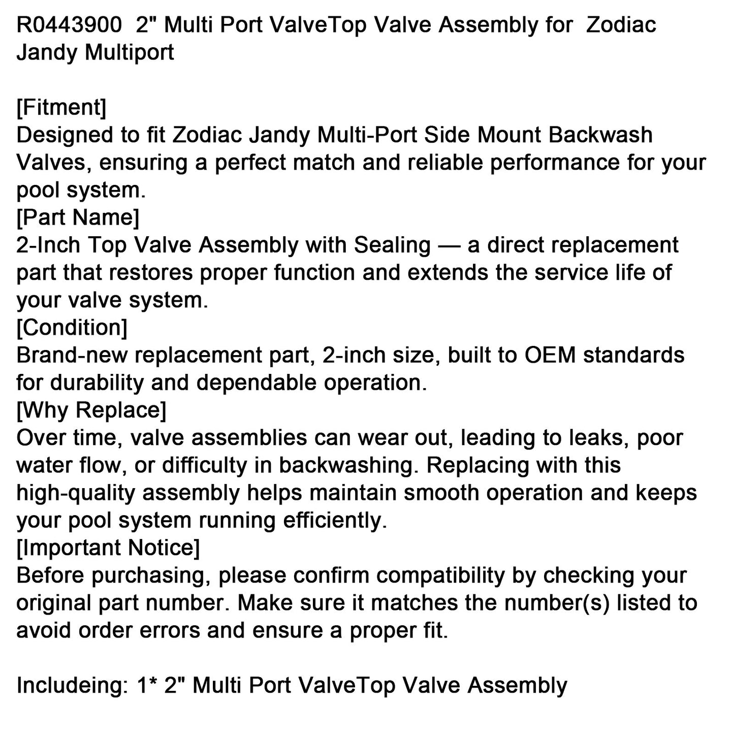 Zodiac Jandy Multiport Valve Replacement 2" Top Valve Assembly R0443900