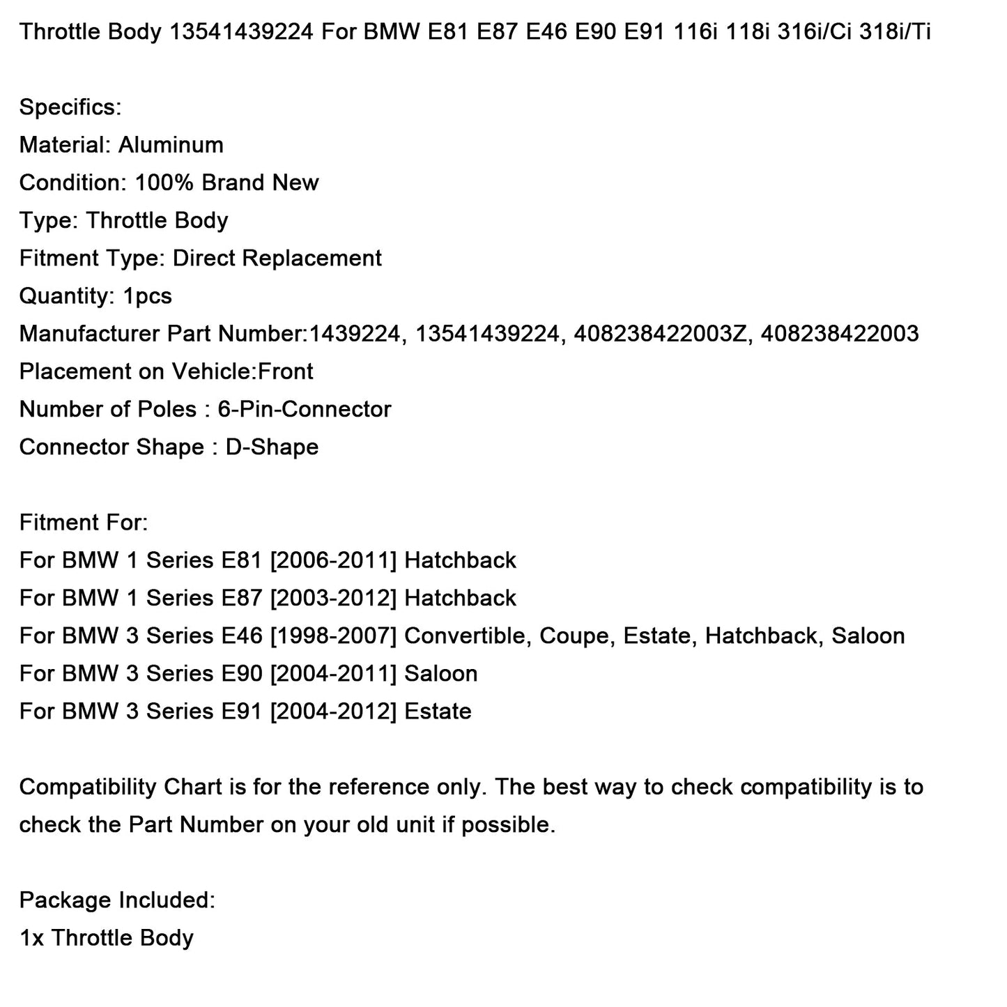 Throttle Body 13541439224 For BMW E81 E87 E46 E90 E91 116i 118i 316i/Ci 318i/Ti