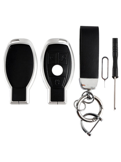 Leather Alloy Aluminum TPU Car Key Black Case Cover Benz GLC GLK CLS GLA CLA AMG