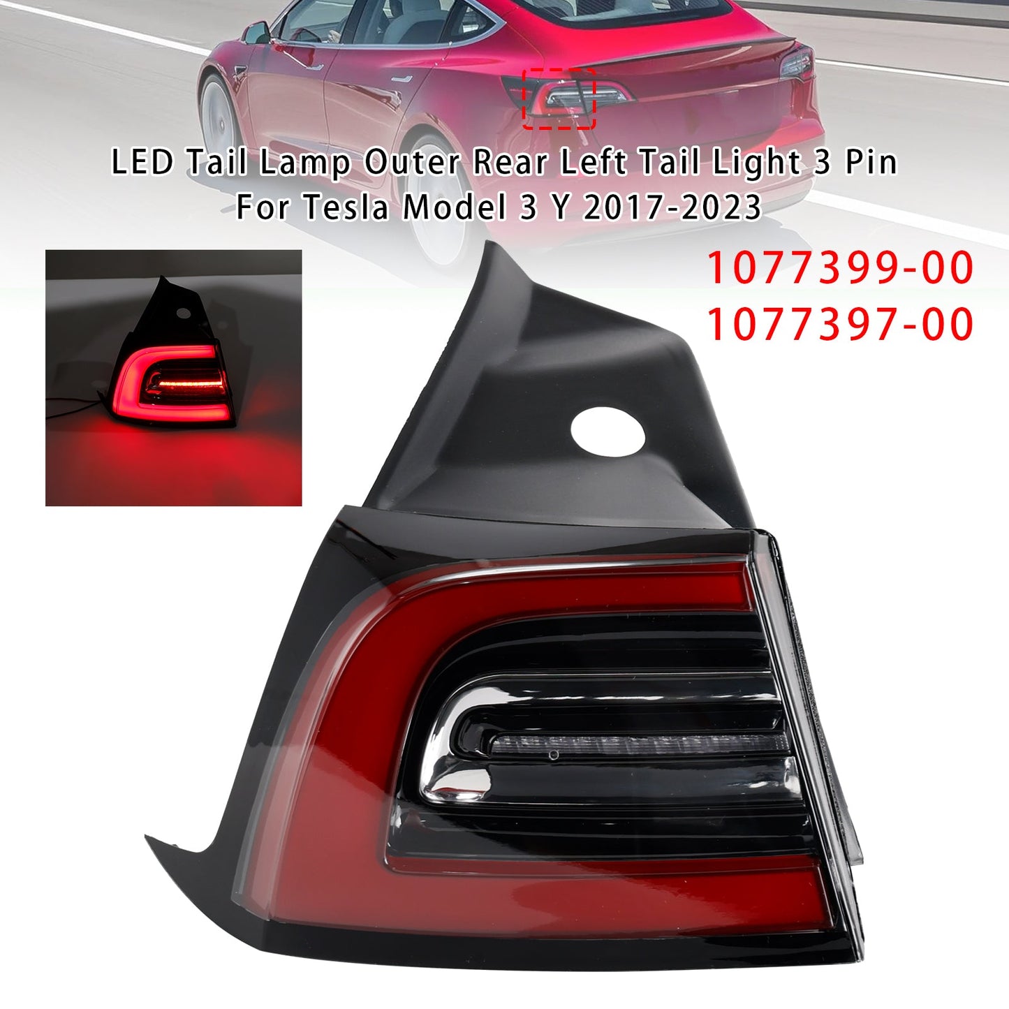 2020-2023 Tesla Model Y 1077399-00 LED Tail Lamp Outer Rear Left Tail Light 3 Pin
