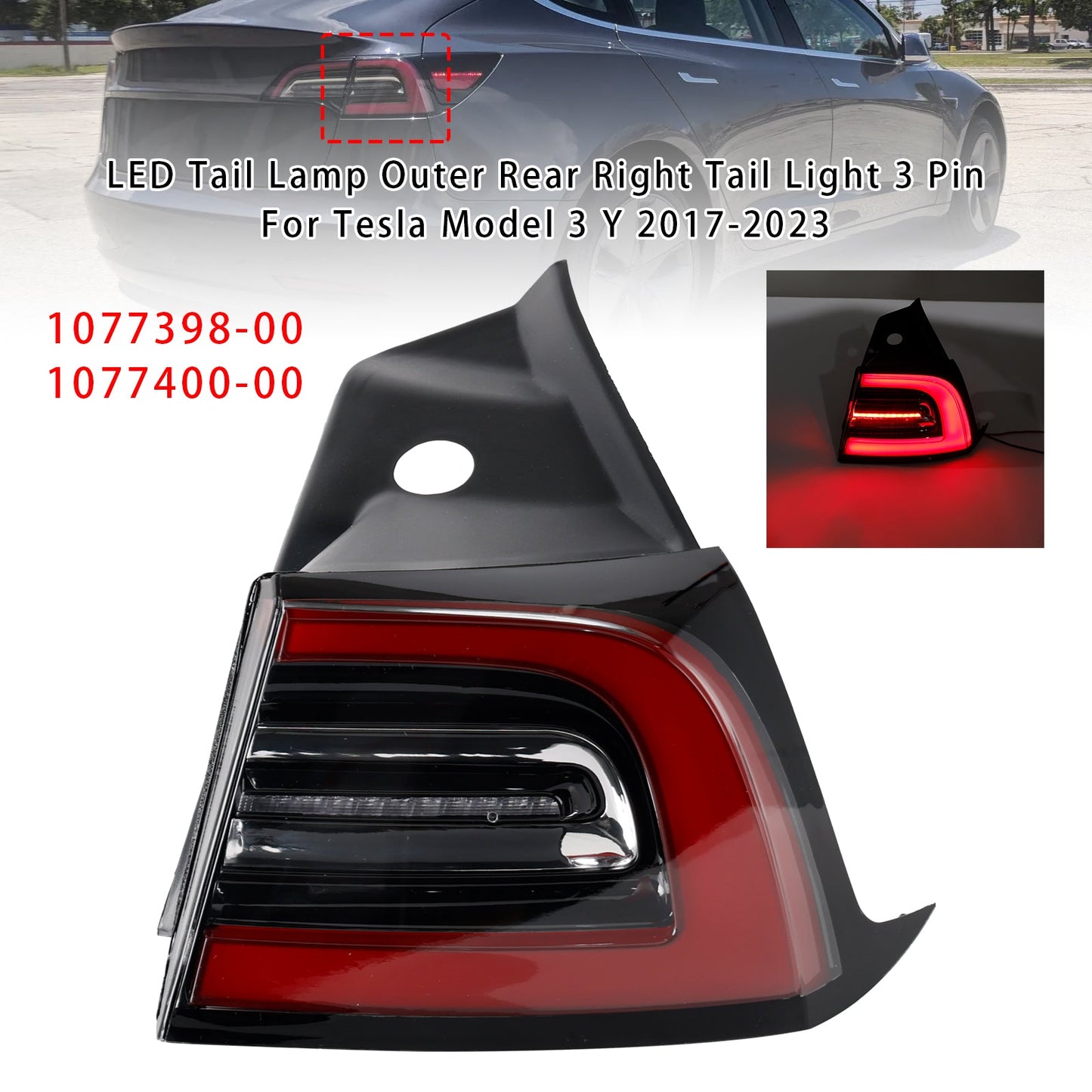 2020-2023 Tesla Model Y 1077398-00 LED Tail Lamp Outer Rear Right Tail Light 3 Pin