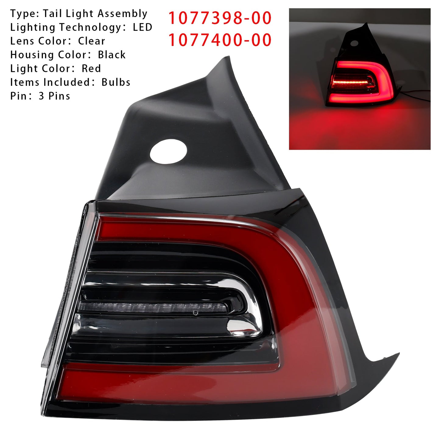 2020-2023 Tesla Model Y 1077398-00 LED Tail Lamp Outer Rear Right Tail Light 3 Pin