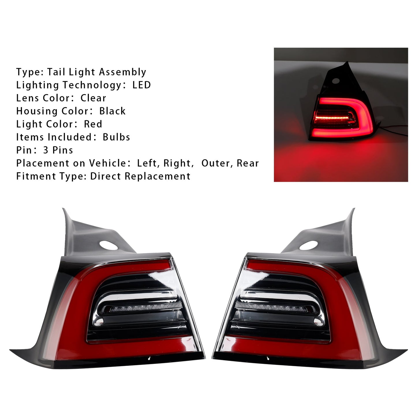 2017-2023 Tesla Model 3 1077399-00-C LED Tail Lamp Outer Rear Left+Right Tail Light 3 Pin