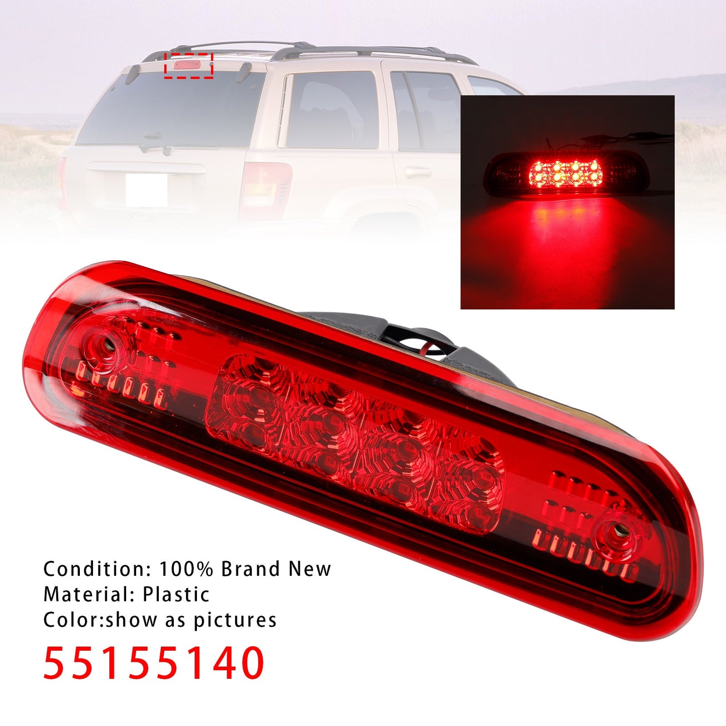 LED Third Brake Light Stop Lamp 1999-2004 Jeep Grand Cherokee Red 55155140