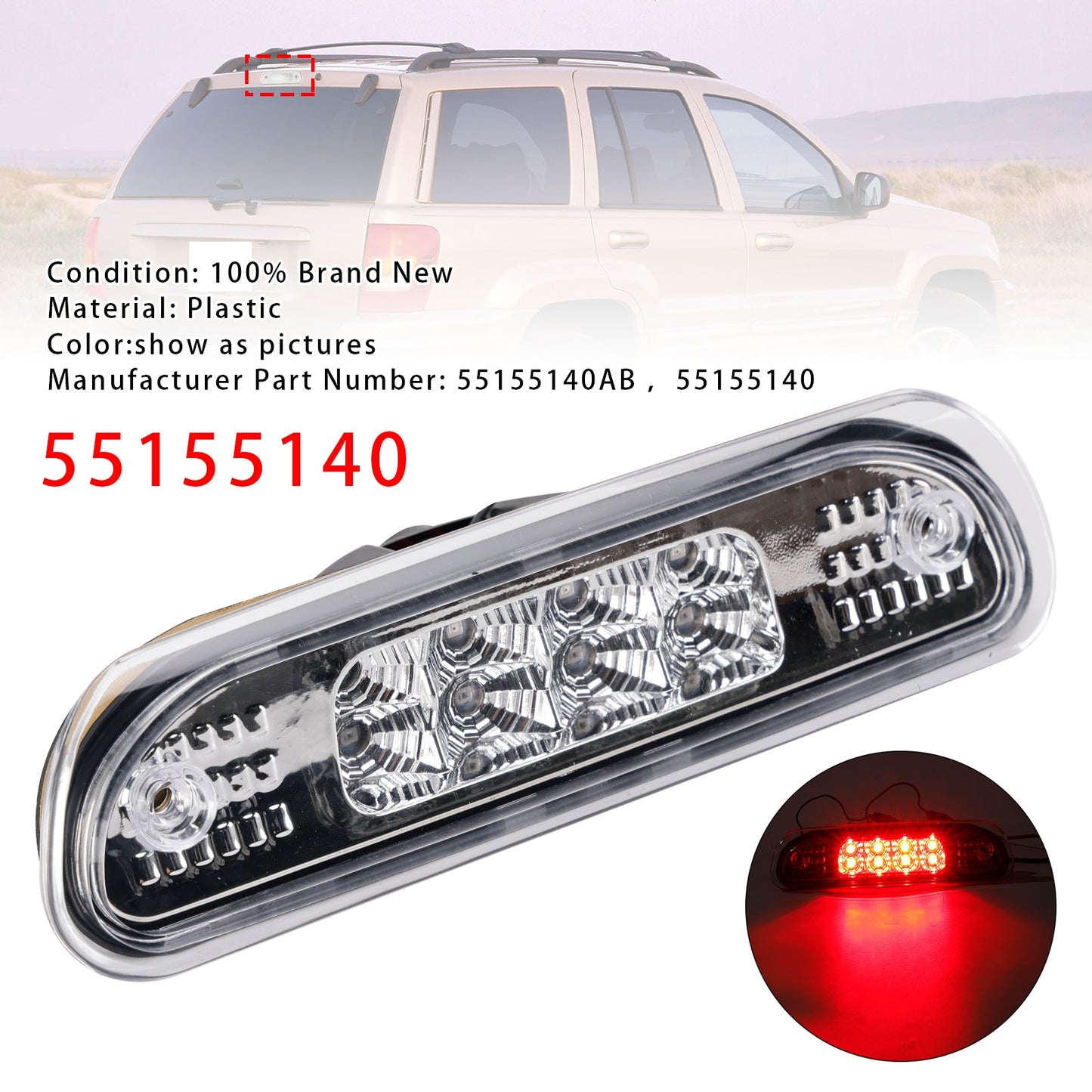 LED Third Brake Light Stop Lamp 1999-2004 Jeep Grand Cherokee White 55155140