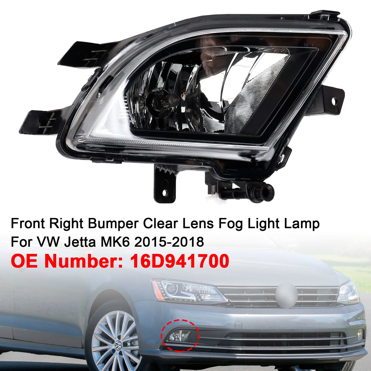 Front Right Bumper Clear Lens Fog Light Lamp 2015-2018 VW Volkswagen Jetta 16D941700