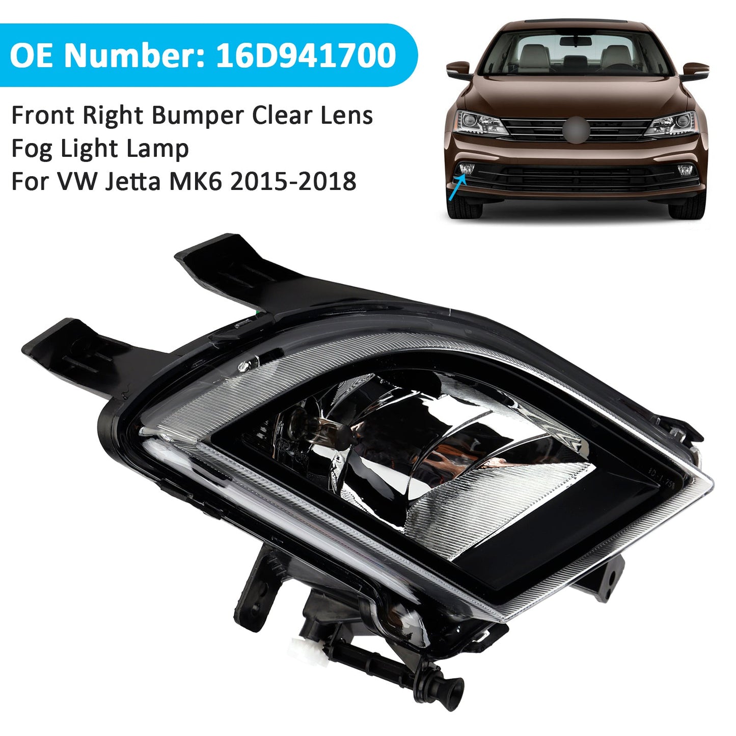 Front Right Bumper Clear Lens Fog Light Lamp 2015-2018 VW Volkswagen Jetta 16D941700