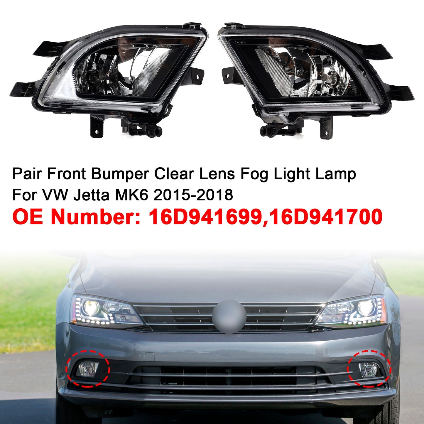 VW Jetta MK6 2015-2018 16D941699 Pair Front Bumper Clear Lens Fog Light Lamp