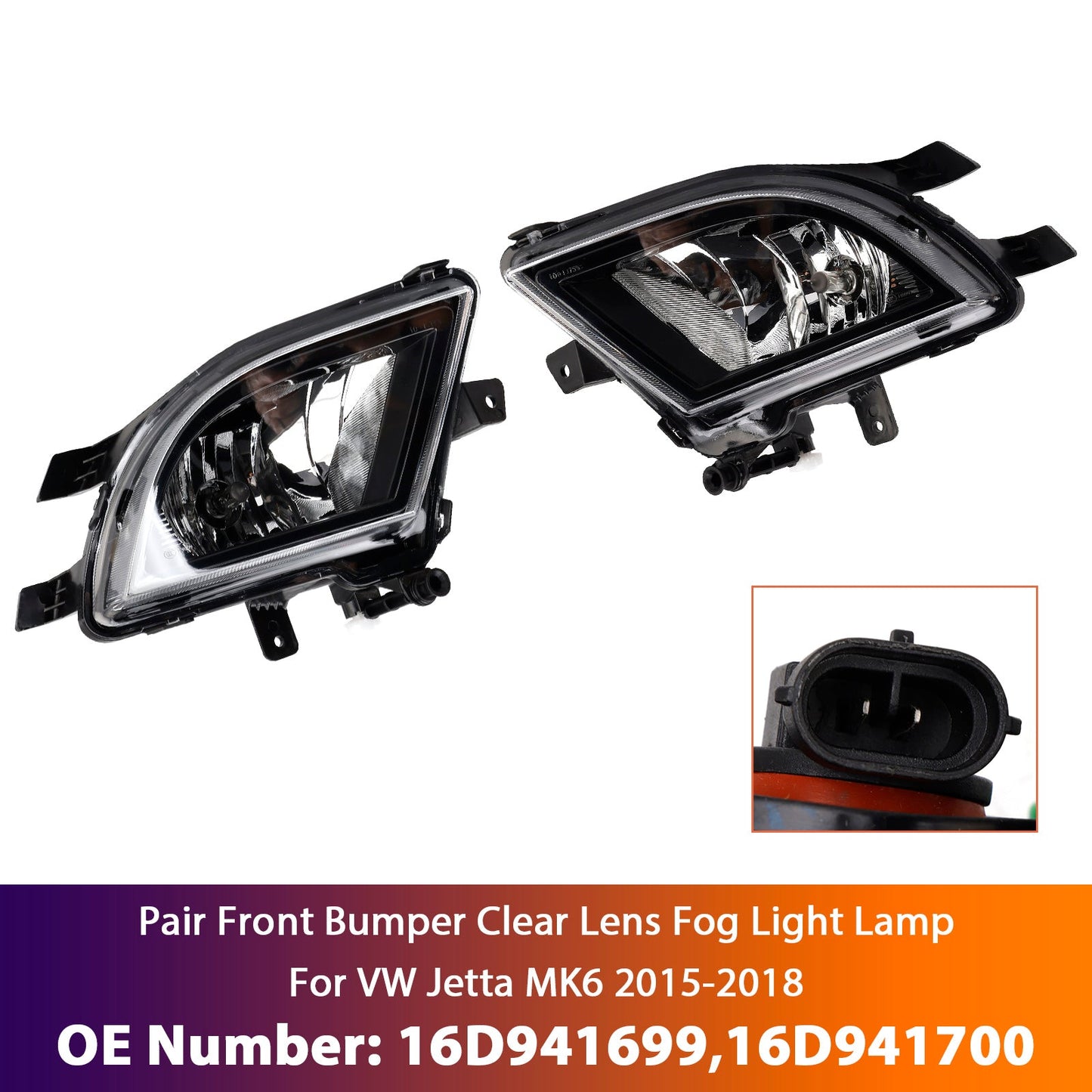 VW Jetta MK6 2015-2018 16D941699 Pair Front Bumper Clear Lens Fog Light Lamp