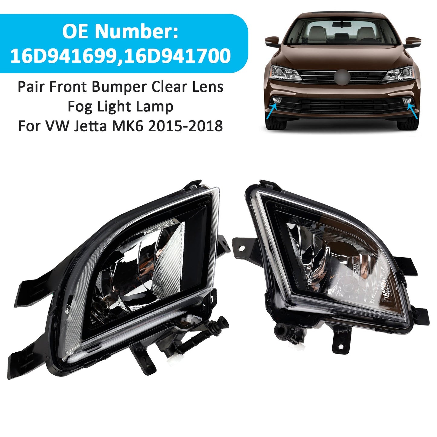 VW Jetta MK6 2015-2018 16D941699 Pair Front Bumper Clear Lens Fog Light Lamp