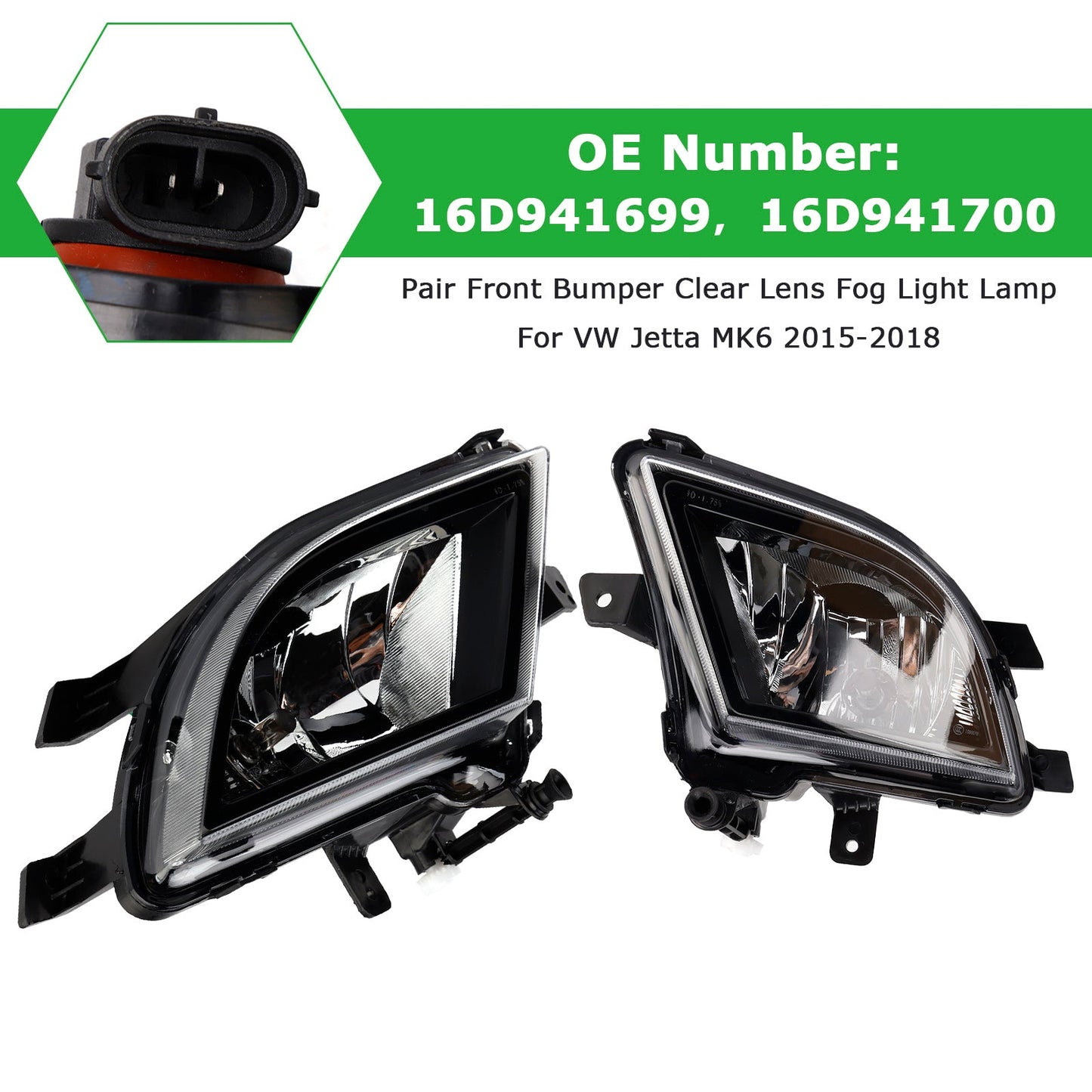 VW Jetta MK6 2015-2018 16D941699 Pair Front Bumper Clear Lens Fog Light Lamp