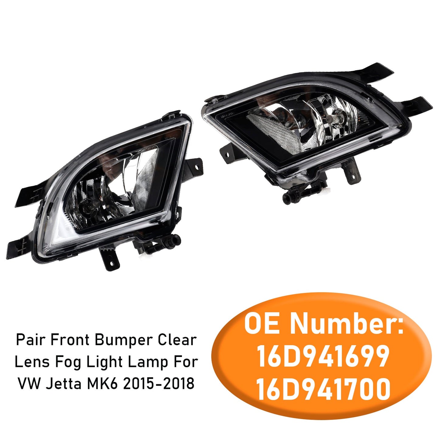 VW Jetta MK6 2015-2018 16D941699 Pair Front Bumper Clear Lens Fog Light Lamp