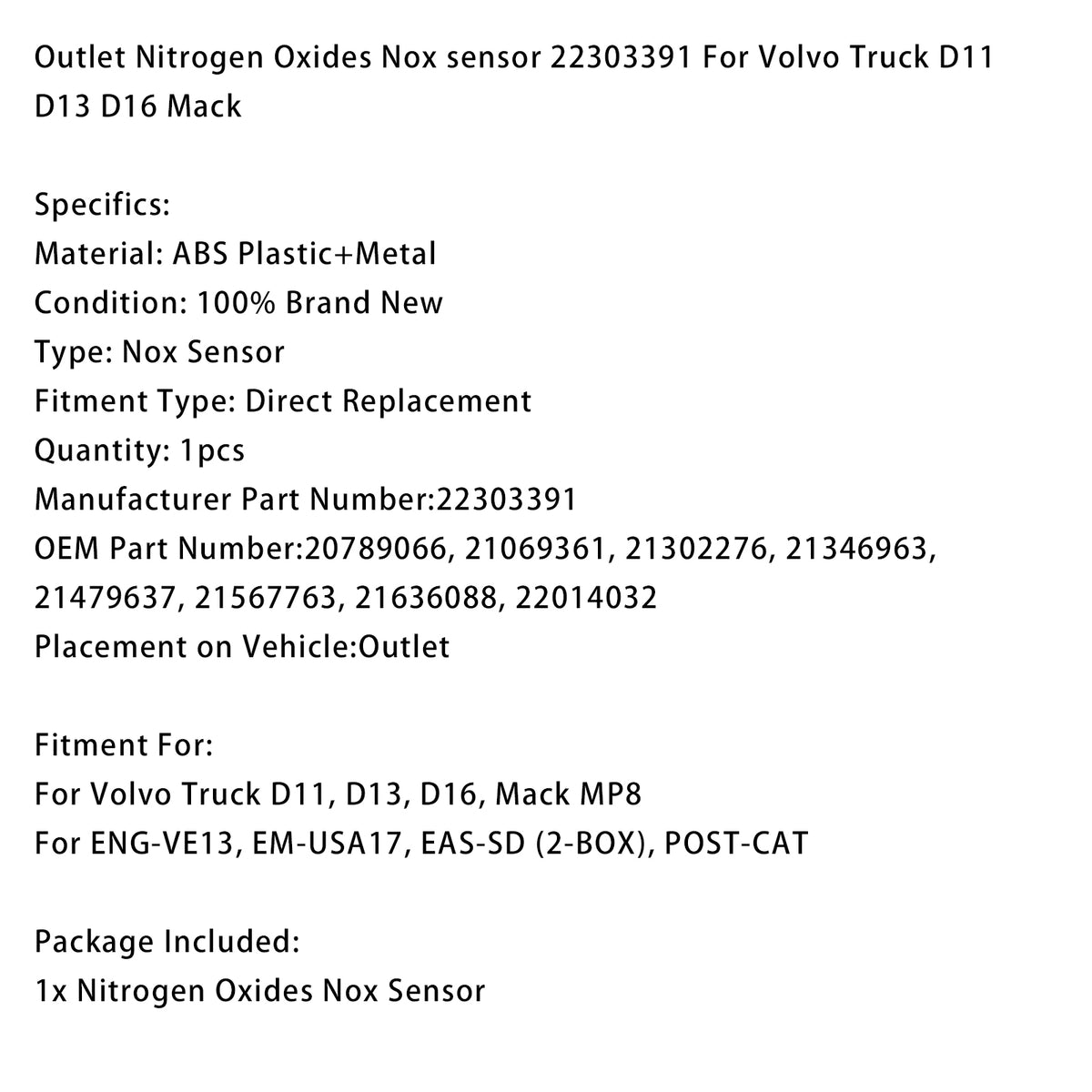 Truck D11 D13 D16 Mack Volvo 22303391 Outlet Nitrogen Oxides Nox Sensor
