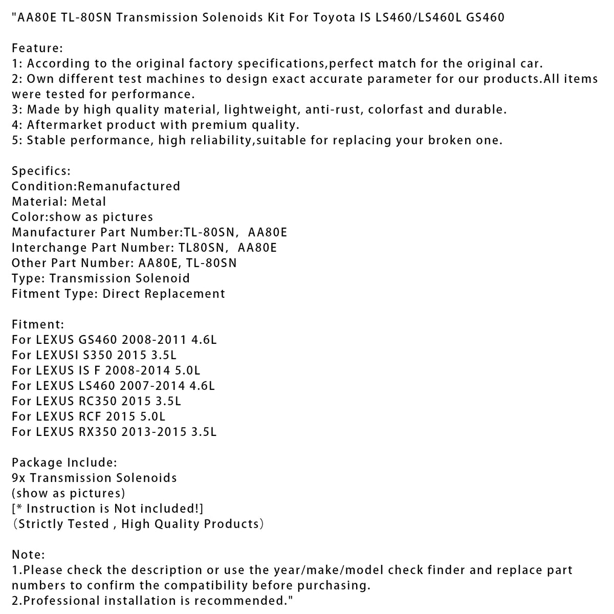 IS LS460/LS460L GS460 Toyota Aa80E Tl-80Sn Transmission Solenoids Kit