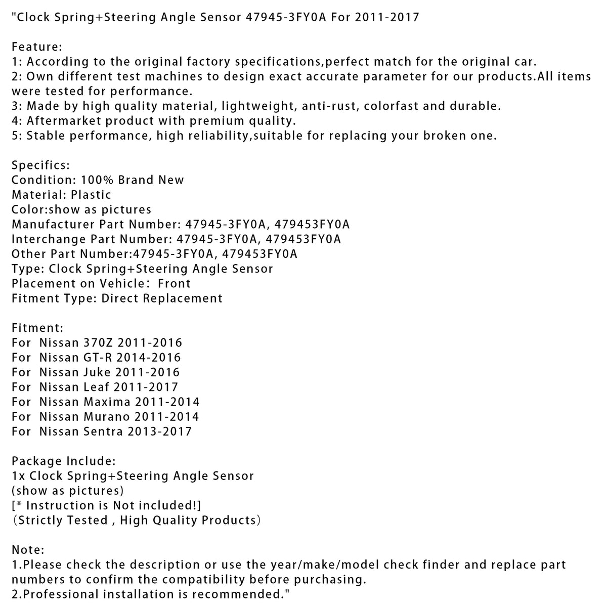2011-2017 47945-3FY0A Clock Spring+Steering Angle Sensor