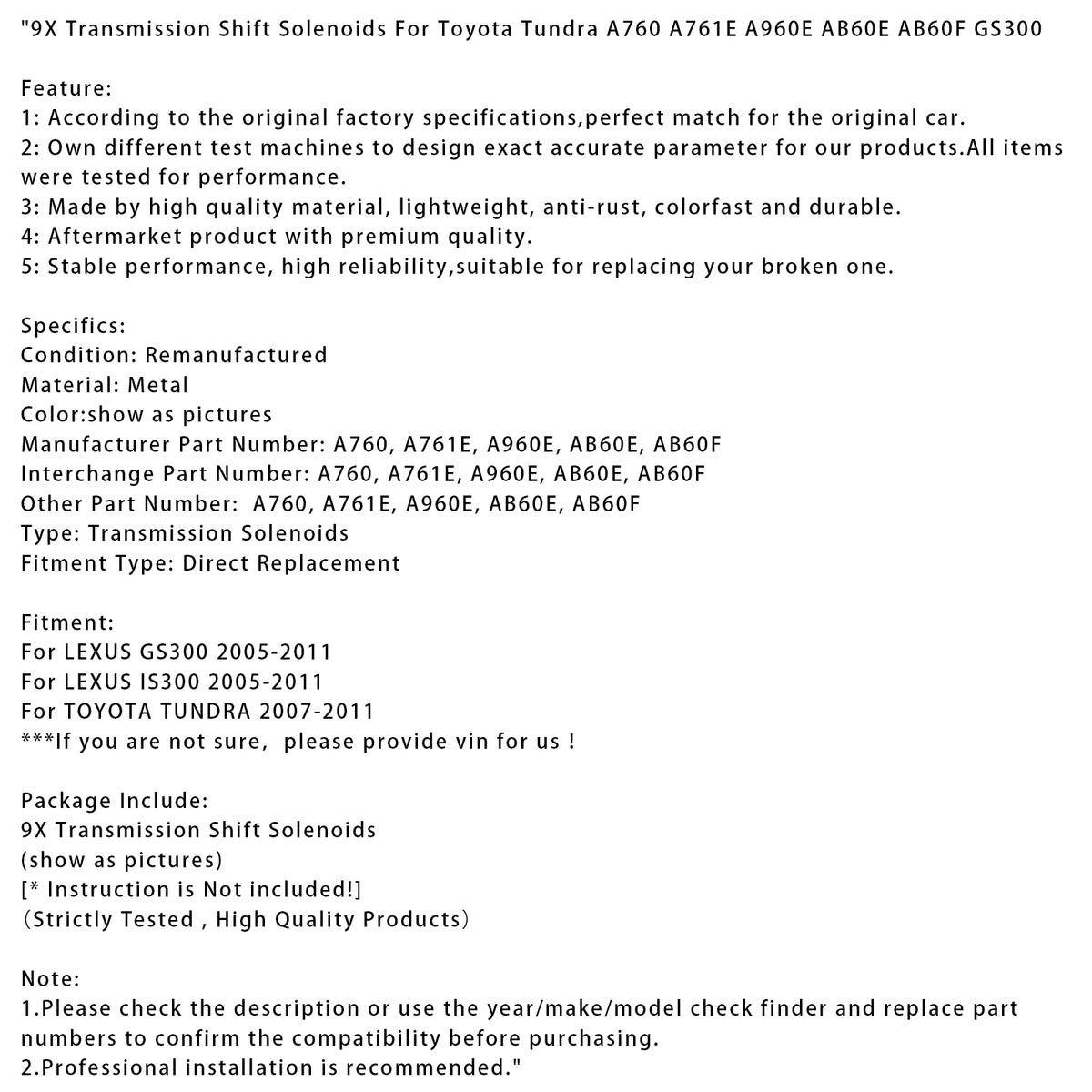 Toyota Tundra A760 A761E A960E AB60E AB60F 9X Transmission Shift Solenoids