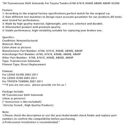 Toyota Tundra A760 A761E A960E AB60E AB60F 9X Transmission Shift Solenoids