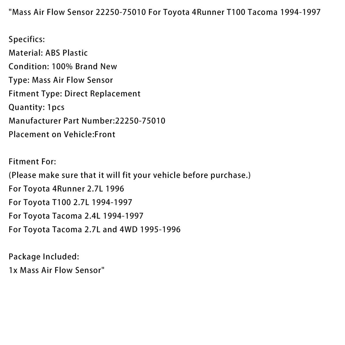 1994-1997 Toyota 4Runner T100 Tacoma Mass Air Flow Sensor 22250-75010