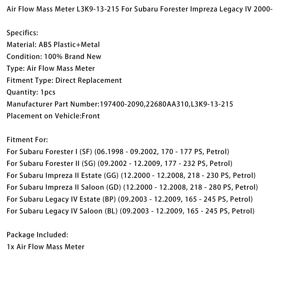 Subaru Forester Impreza Legacy IV 2000- Mass Air Flow Meter MAF Sensor