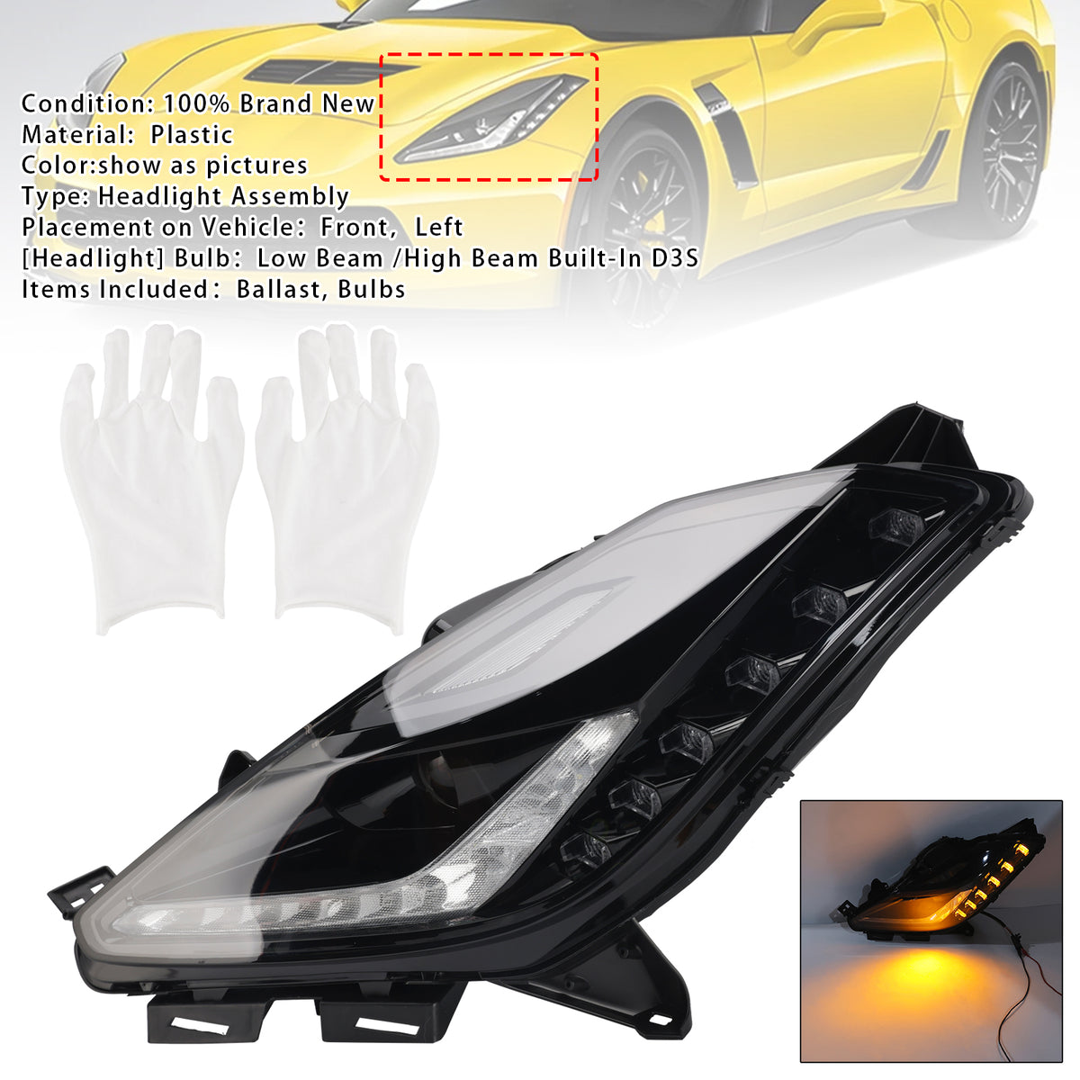 2014-2019 Corvette C7 Z06 Left HID Xenon Headlight Assembly W/ Ballast 8pin