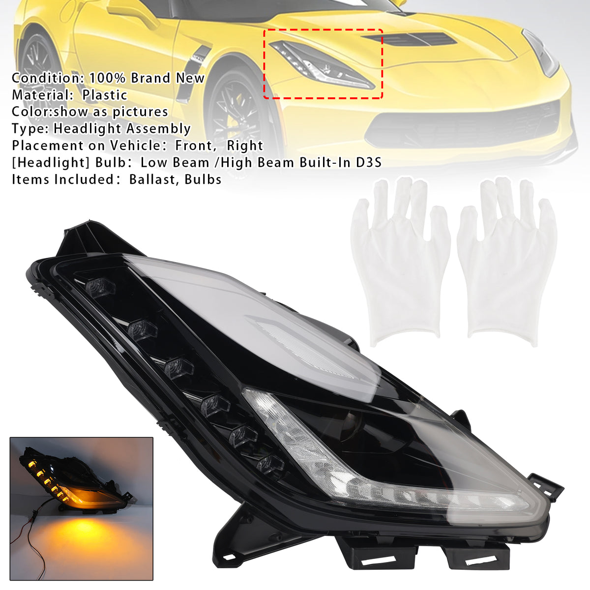 2014-2019 Corvette C7 Z06 Right HID Xenon Headlight Assembly W/ Ballast 8pin