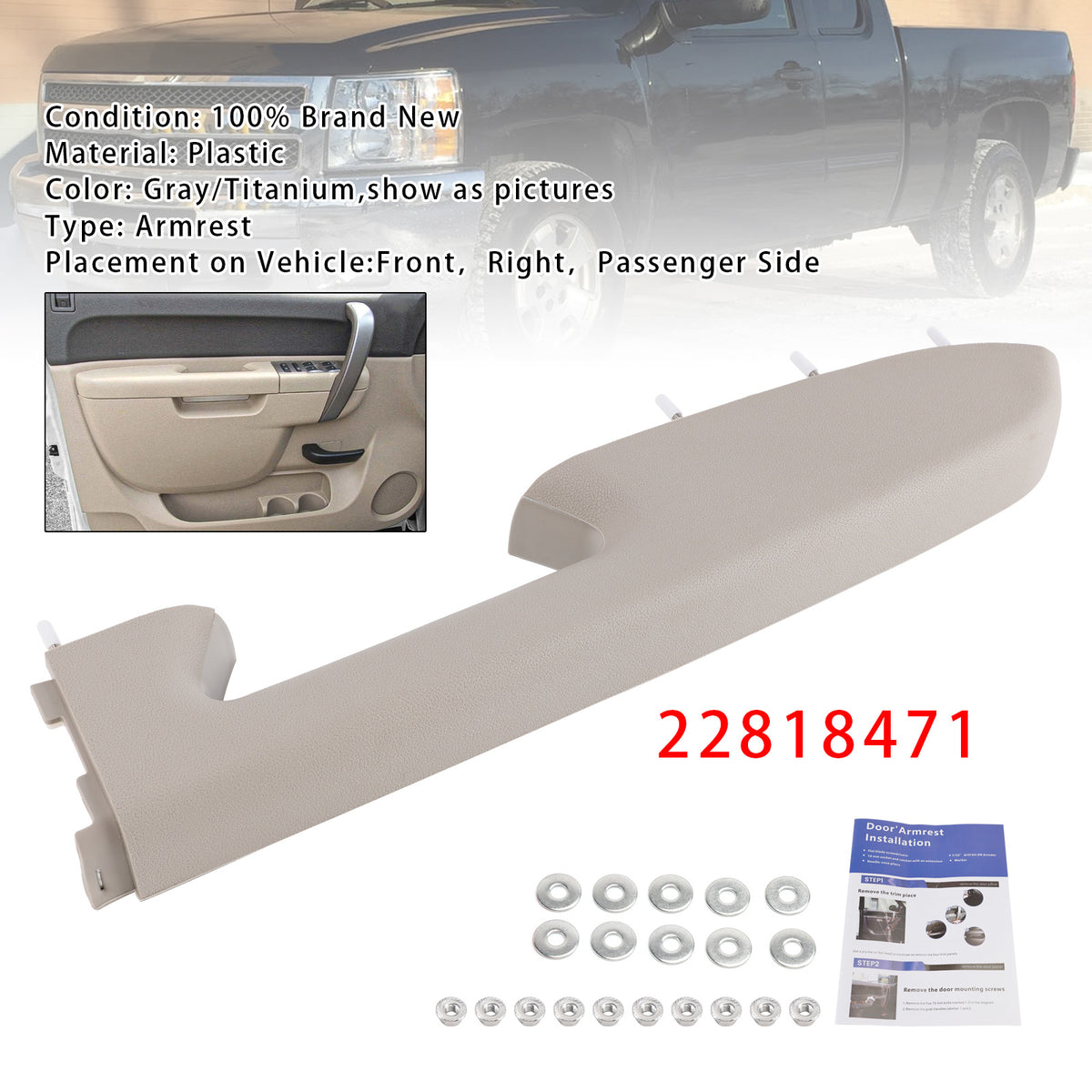 2010-2014 Silverado 1500 2500HD Chevy Front Right Armrest Repair Kit Gray