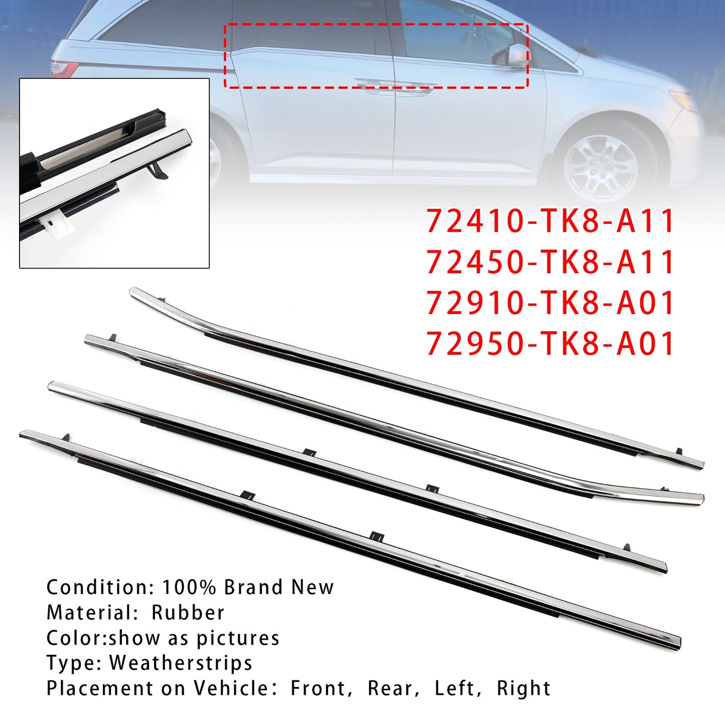 2011-2017 Odyssey 4PCS Weatherstrips Seal Door Belt Molding 72410TK8A11 72450TK8A11