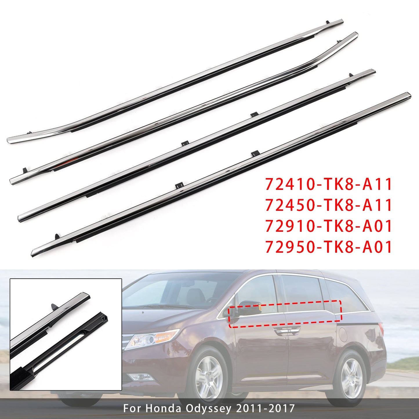 2011-2017 Odyssey 4PCS Weatherstrips Seal Door Belt Molding 72410TK8A11 72450TK8A11