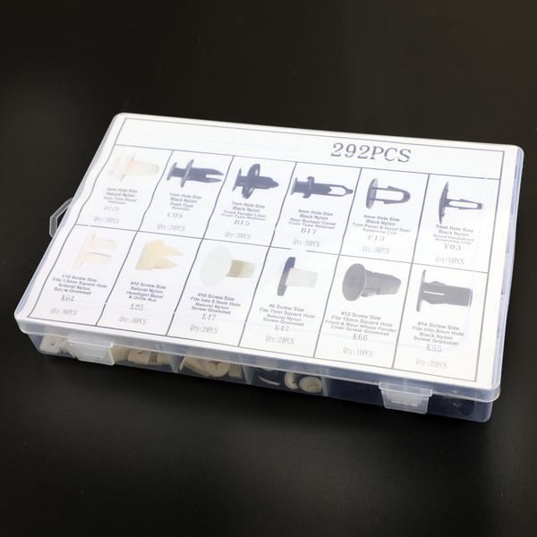 Surtido de 292 clips para molduras de parachoques, capó y guardabarros, y destornillador.