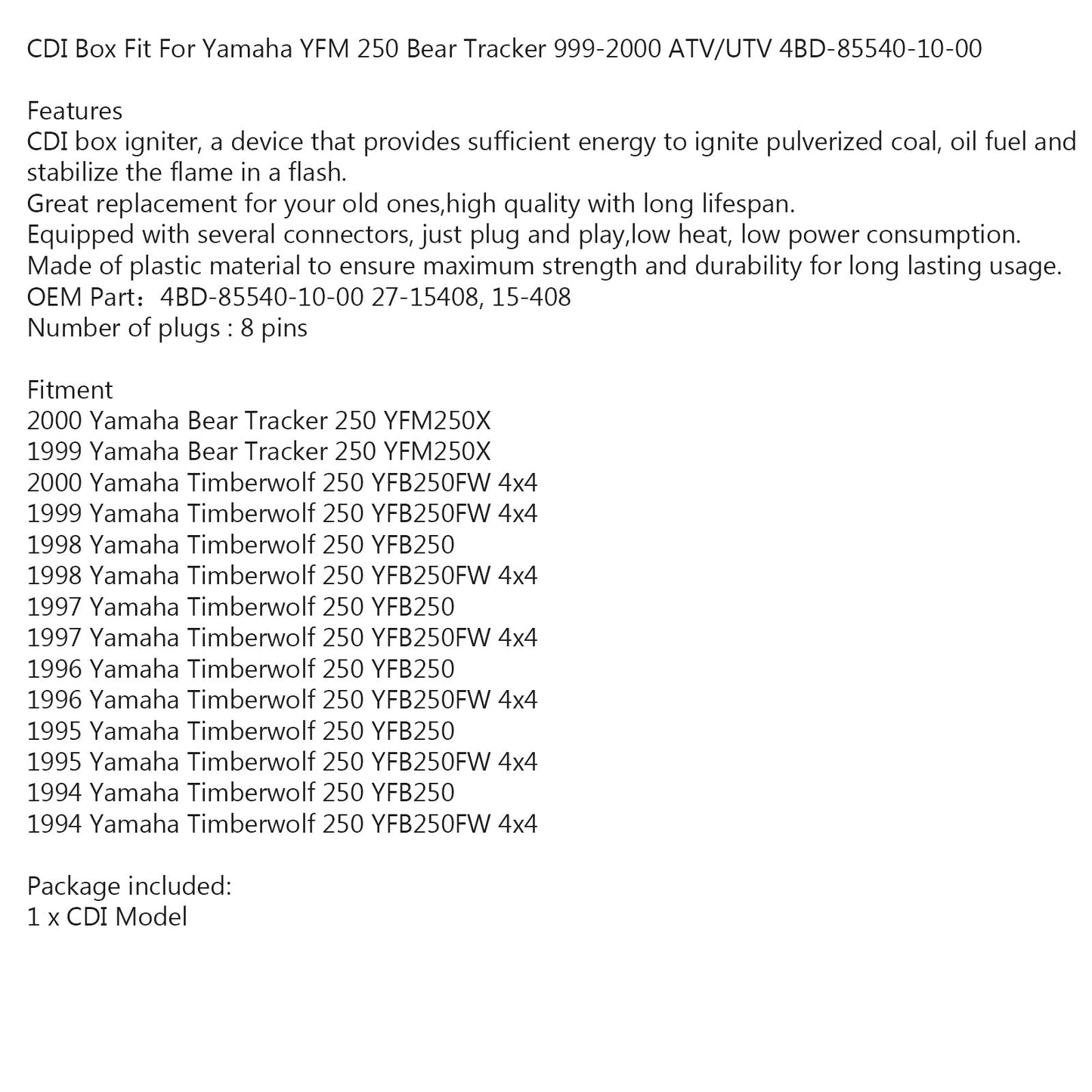 Unidad de módulo de encendido de caja CDI Yamaha Timberwolf YFB250FW 4x4 YFB250 1994-2000