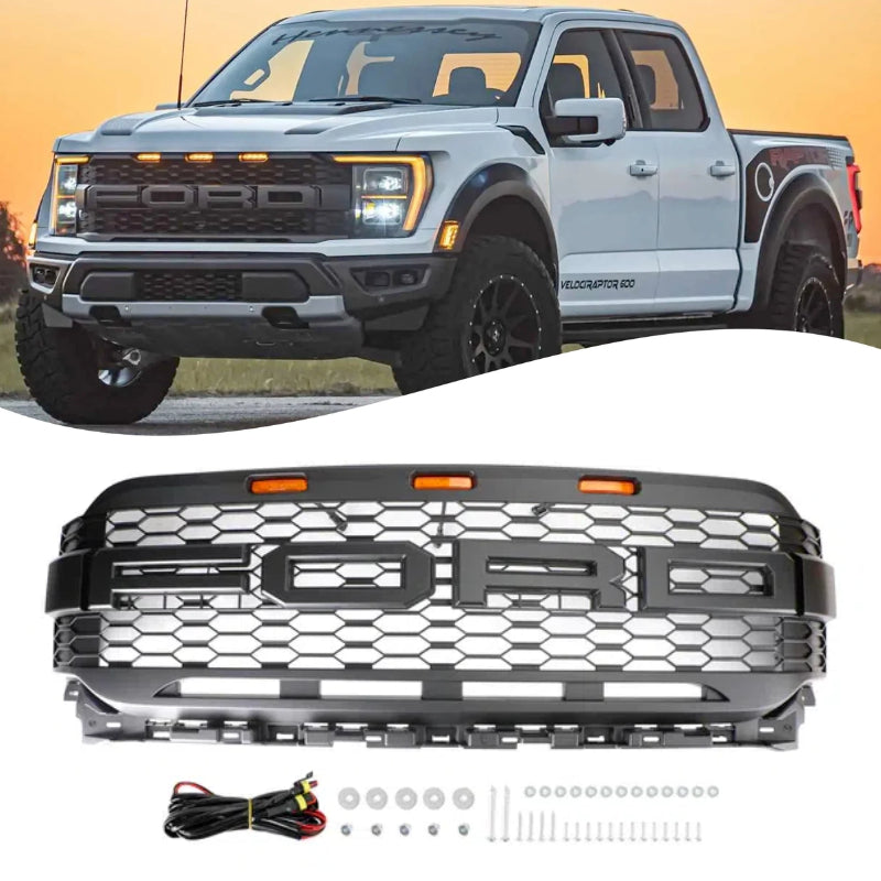 2021-2023 F150 Ford Raptor Style Replacement Front Bumper Grille Grill W/ LED Generic