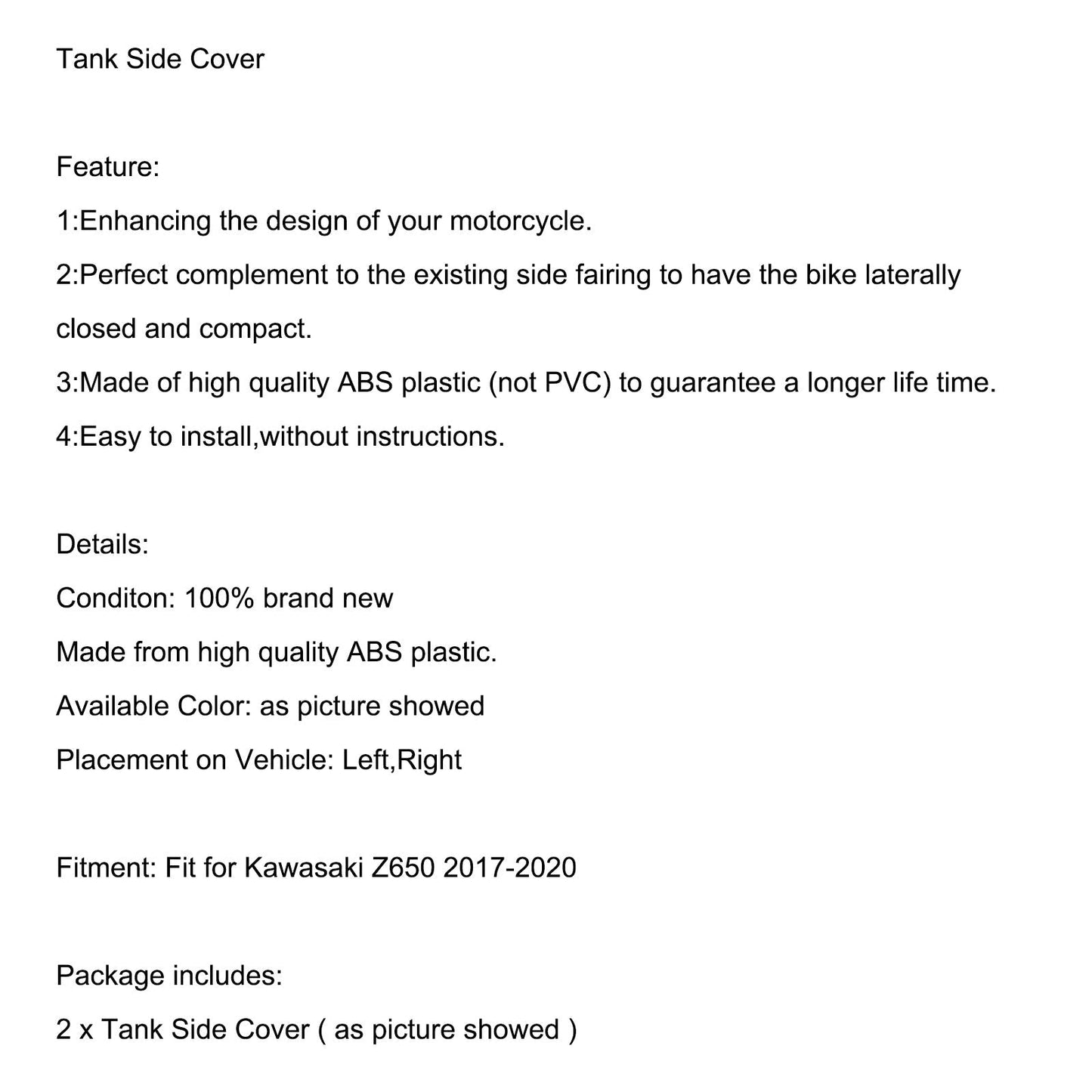 Carbon Tank Side Cover panel Trim fairing Fit For Kawasaki Z650 2017-2020