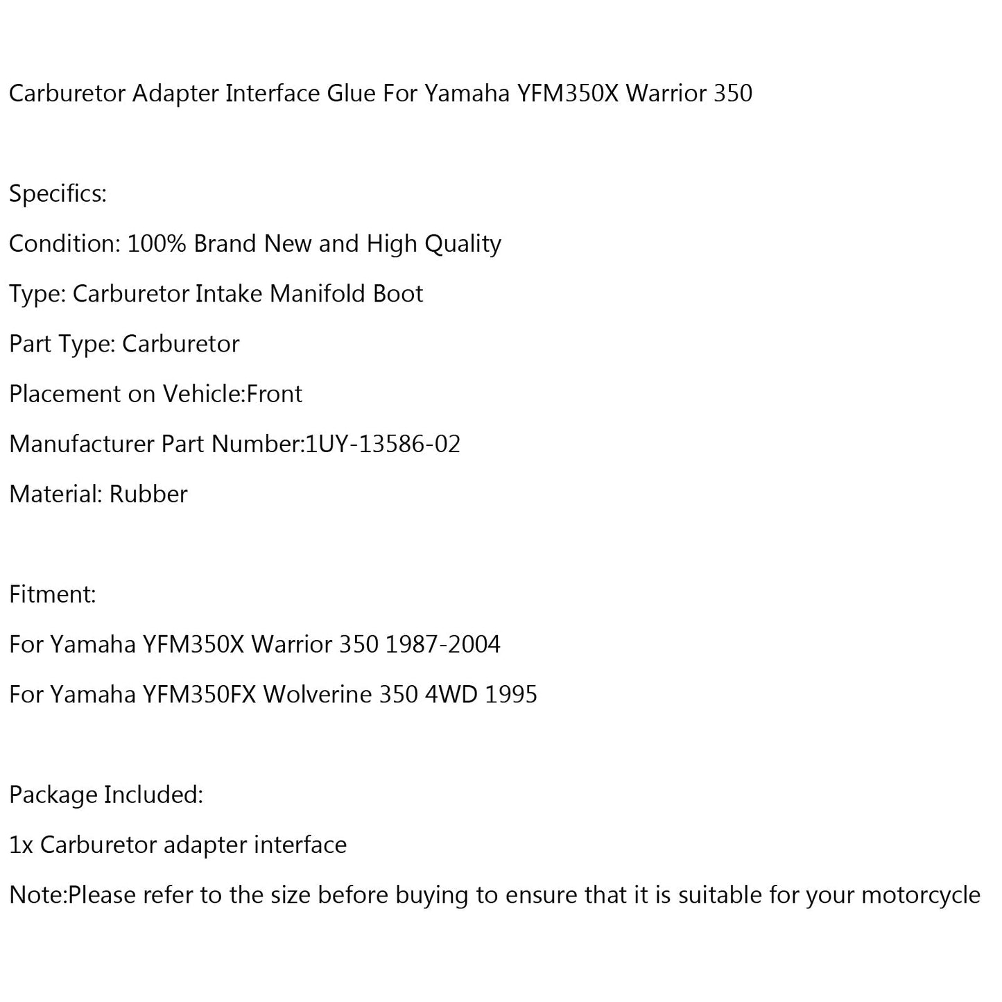 Soufflet de carburateur d'admission 1UY-13586-02 pour Yamaha YFM350X Warrior 350 YFM350FX