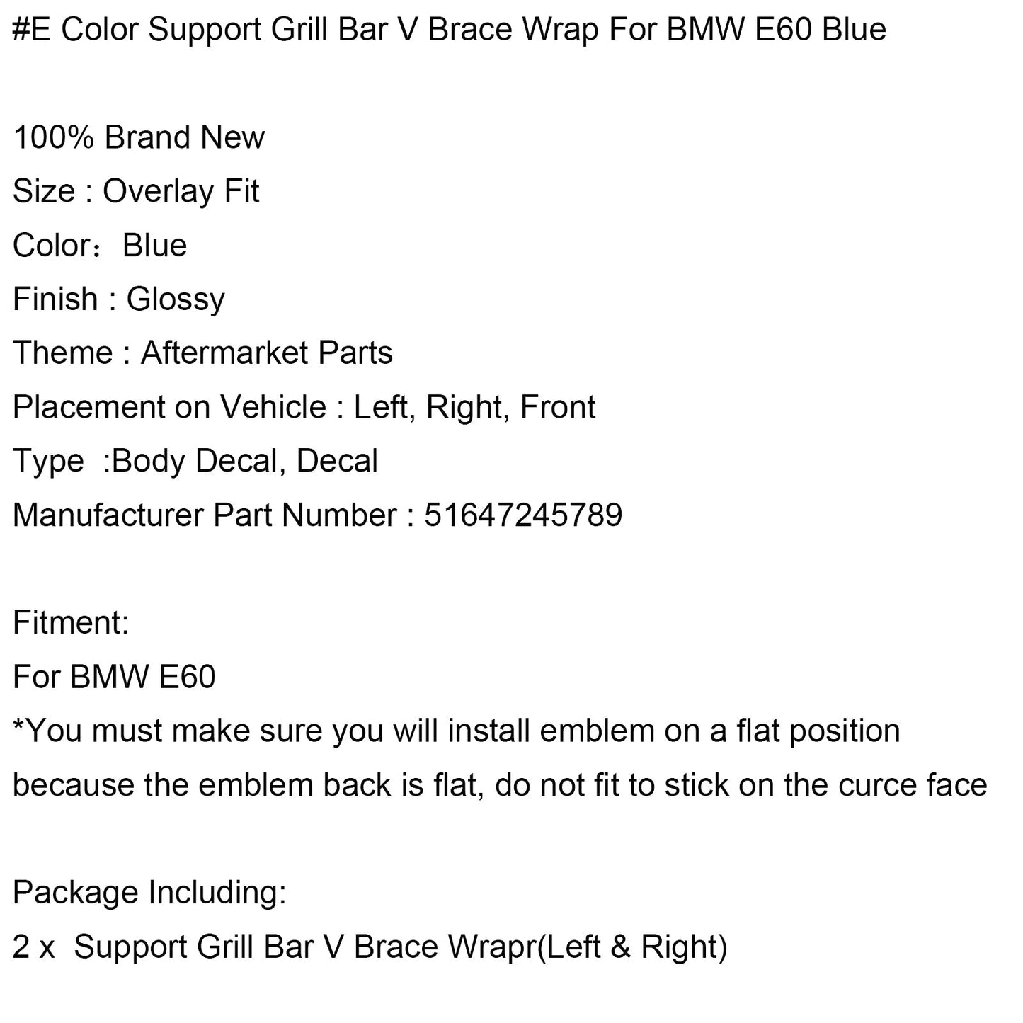 Barre de support de calandre en V pour BMW E60, bleu