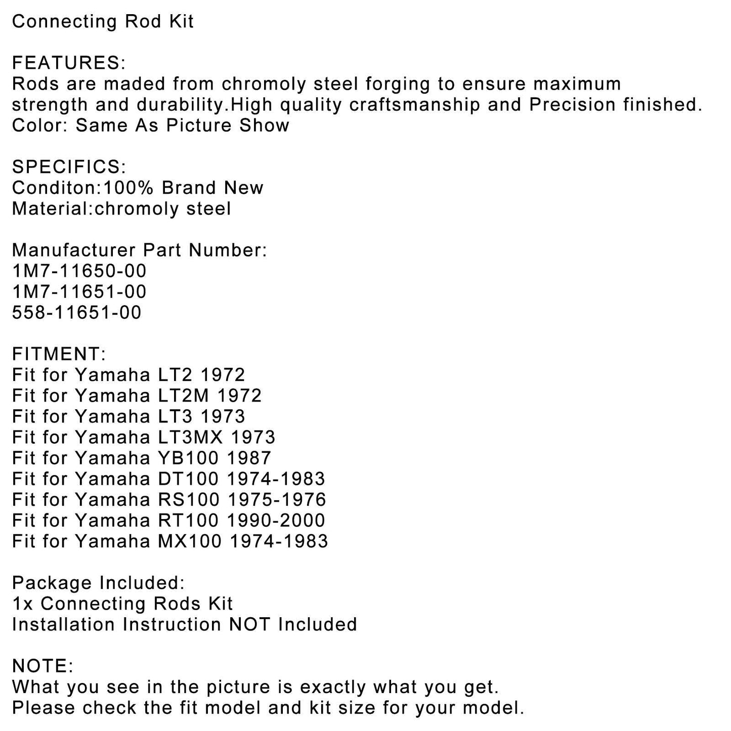 Connecting Rod Kit fit for Yamaha DT100 1974-83 RS100 1975-76 MX100 1974-83