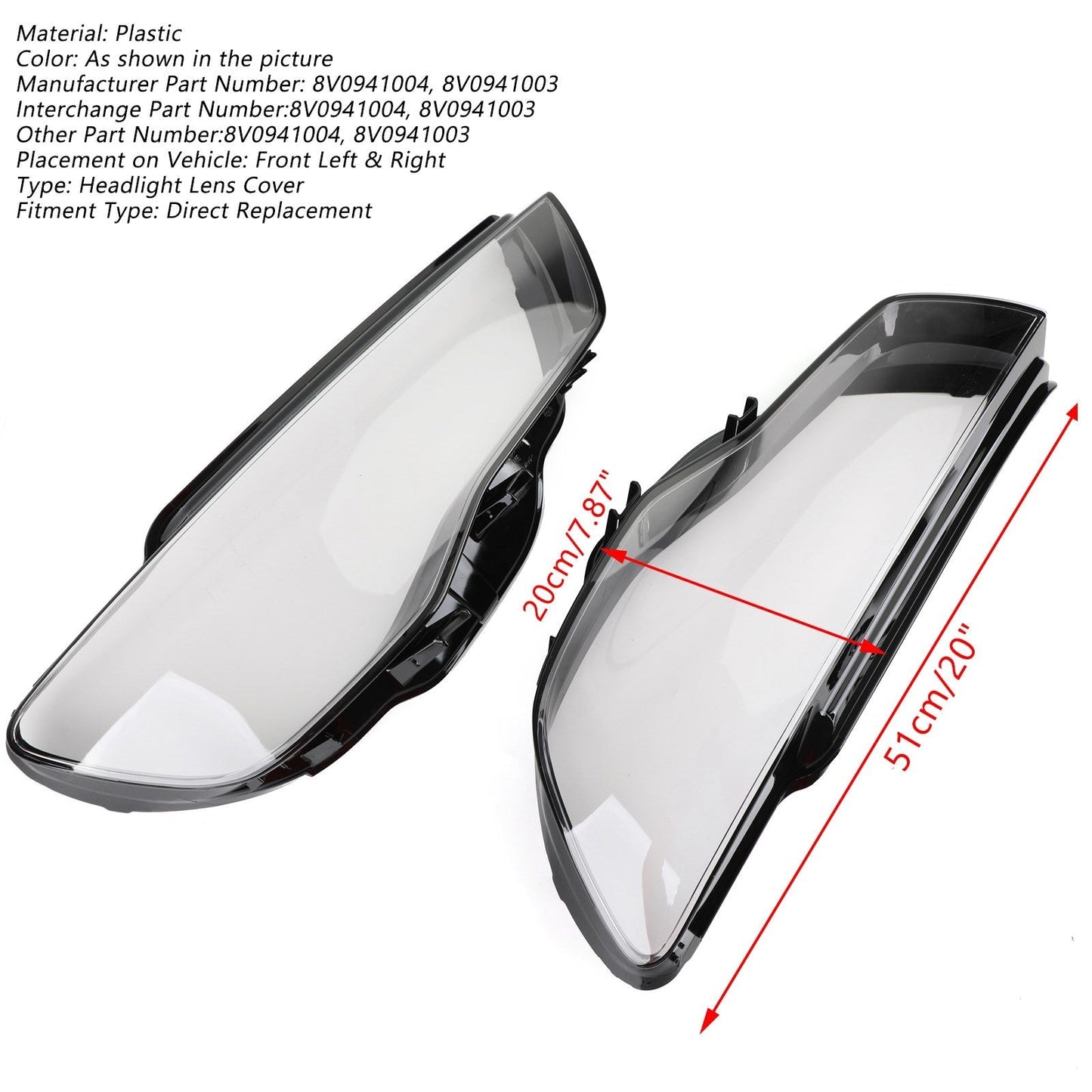 Couvercle de phare gauche et droit, lentille transparente, pour Audi A3 8V0941004 et 8V0941003 (2013-2016)