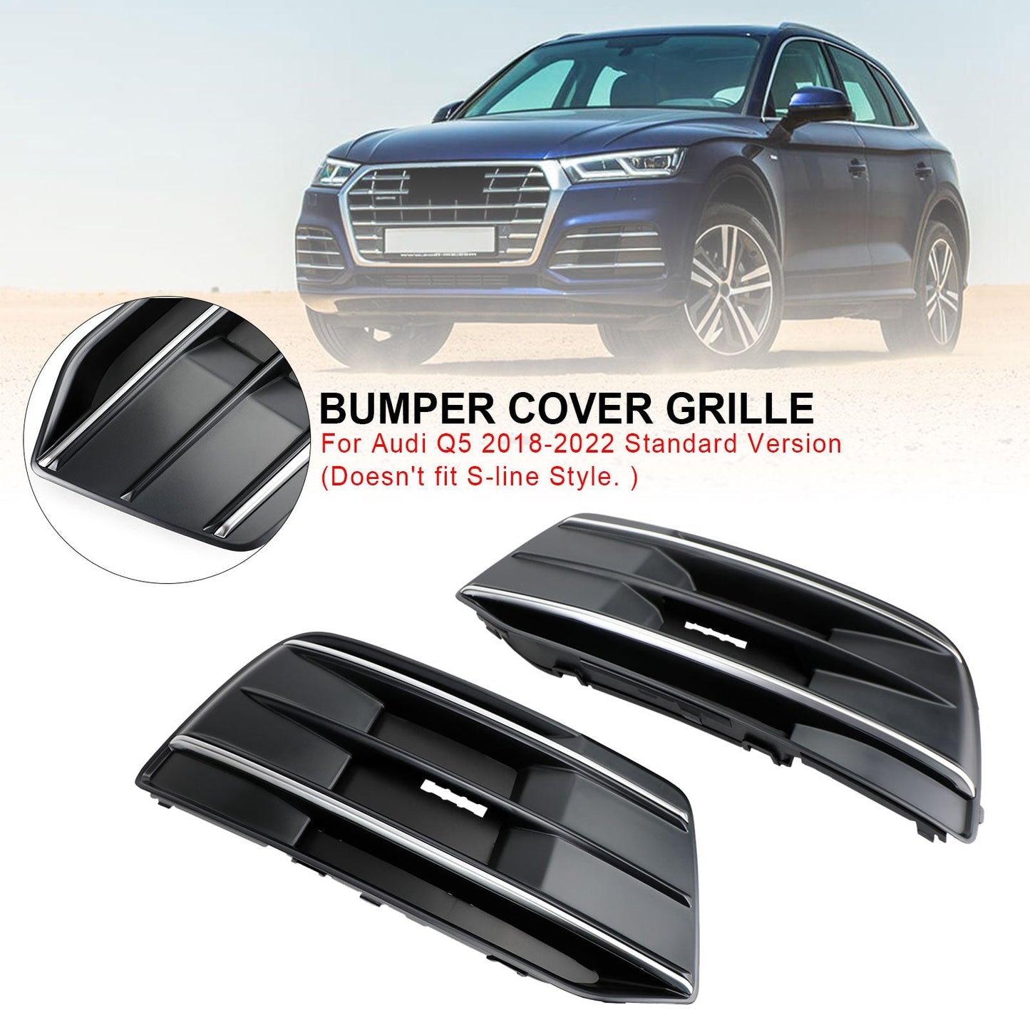 2018-2022 Audi Q5 Standard Version 2PCS Black/Chrome Front Bumper Cover Grille Bezel Insert Generic