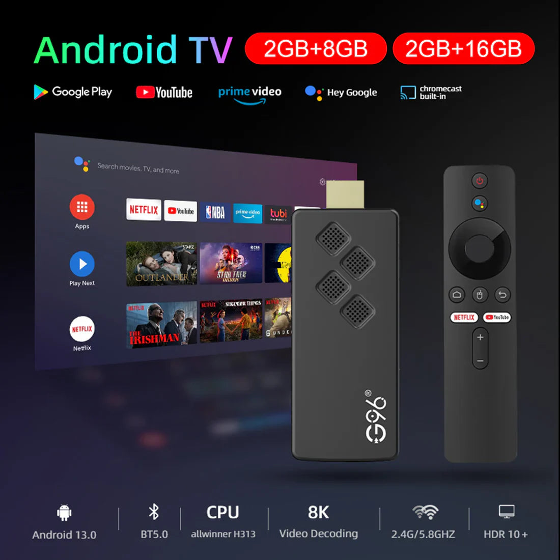 Champoo G96 TV Stick Android 13.0 Dual-Band Set-Top Box 4K Player Bluetooth Voice TV BOX