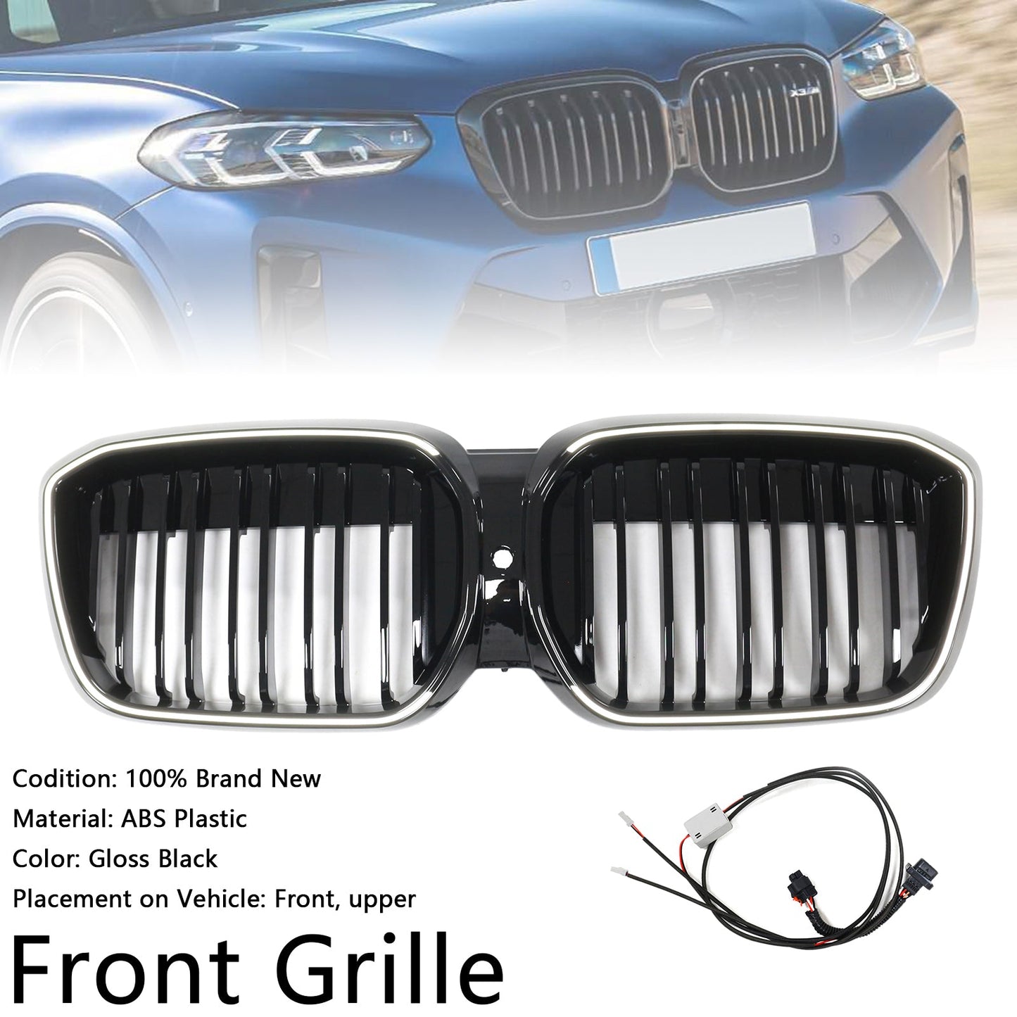 2022-2024 Double Slat Gloss Black Front Kidney Grill Grille Fit BMW IX3 G08 LCI