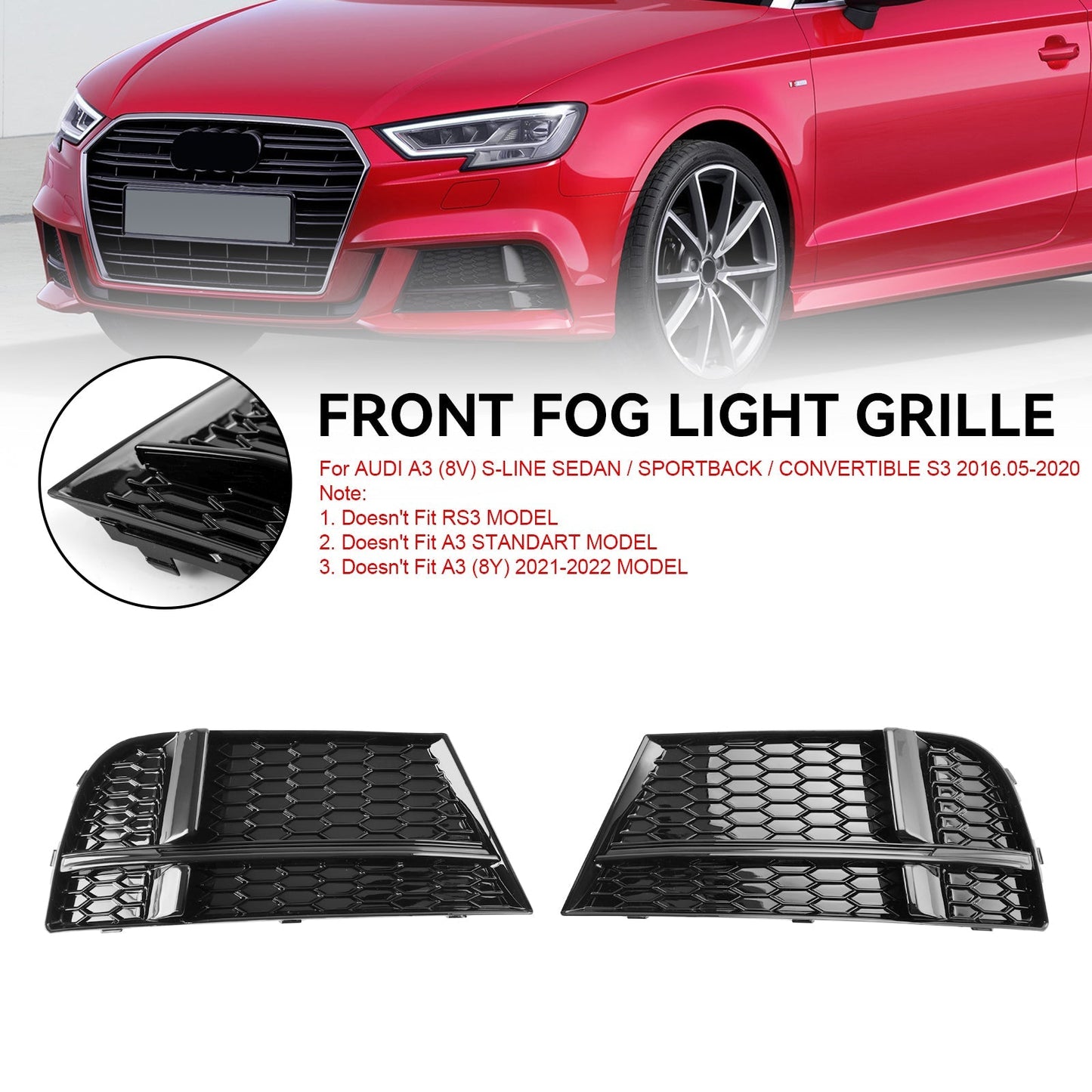 2016.05-2020 Audi A3 8V S-Line Sedan/Sportback/Convertible Front Fog Light Cover Bezel Grille