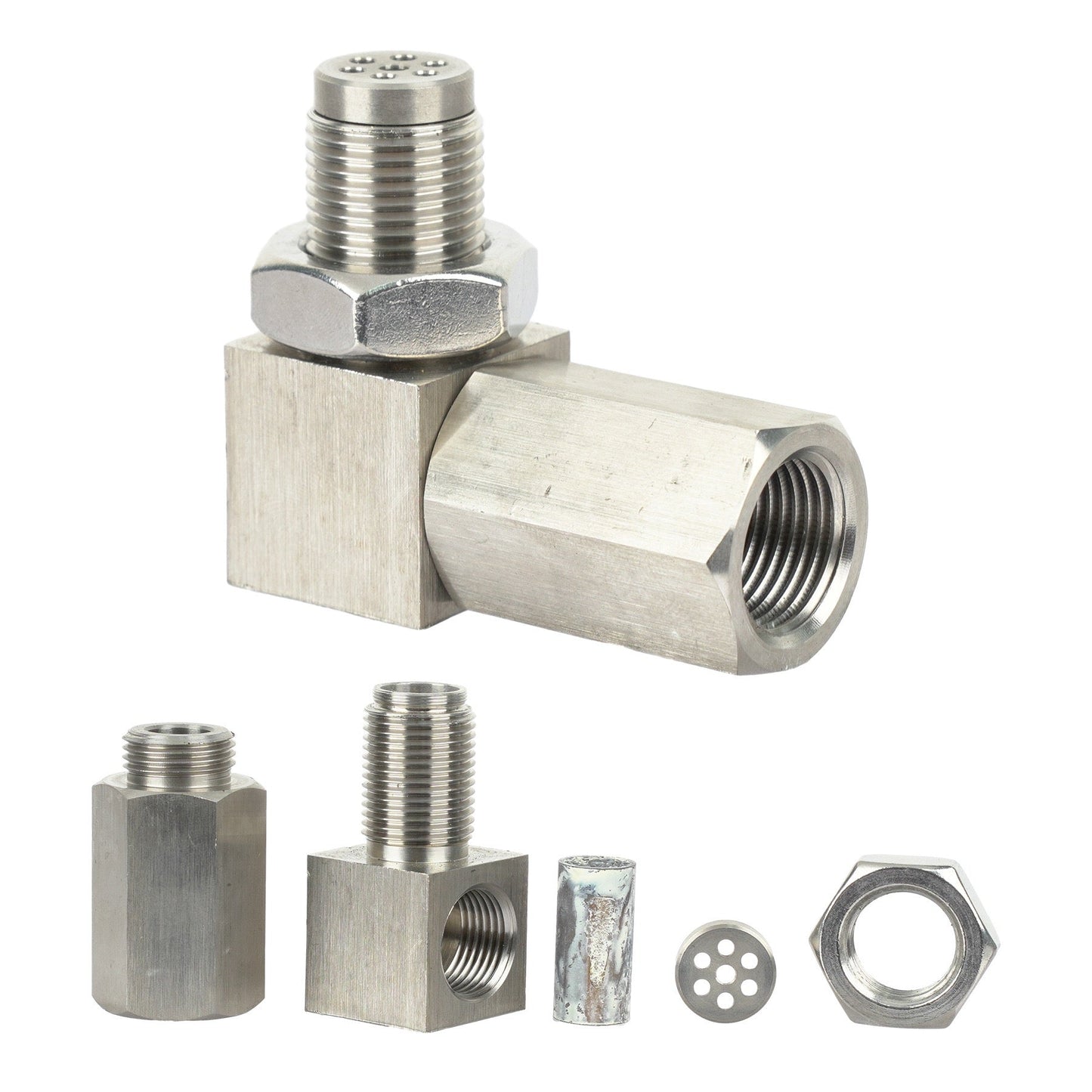 Adaptador de sensor de O2 CEL de 90 grados M18 x 1,5 de ajuste universal con minicat Fix P0420 Eliminador de luz de verificación del motor Champoo 