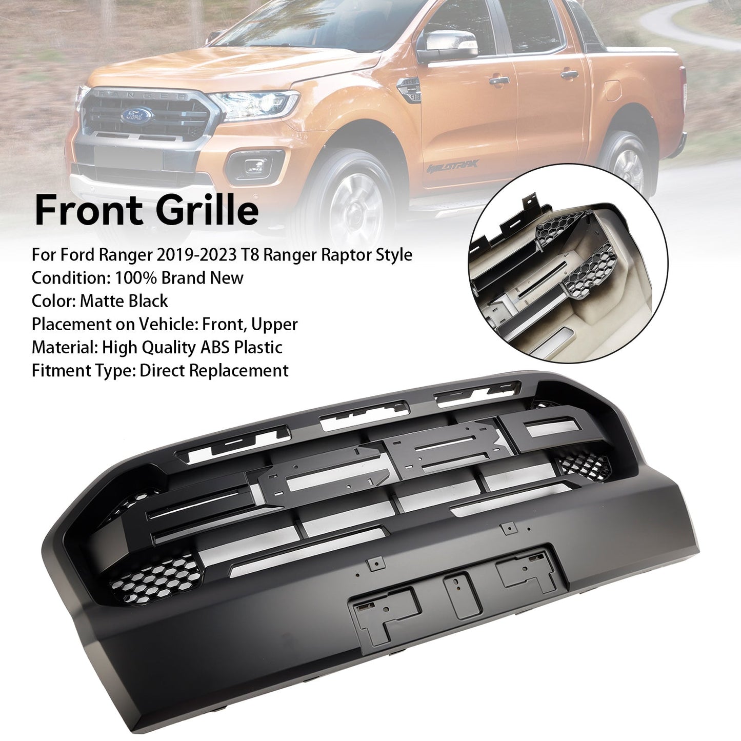 2019-2023 Matt Black Ranger Raptor Style Front Bumper Grille Fit Ford Ranger T8