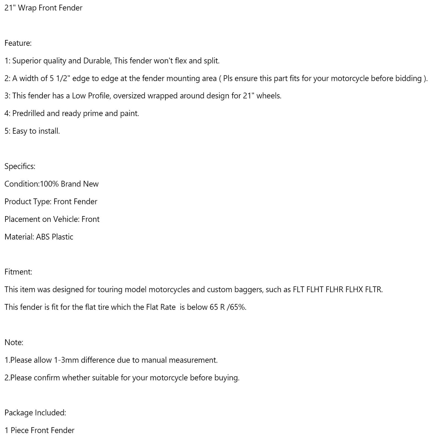 Guardabarros delantero ABS de 21" para Touring Electra Street Road Glide Baggers FLHT FLHR