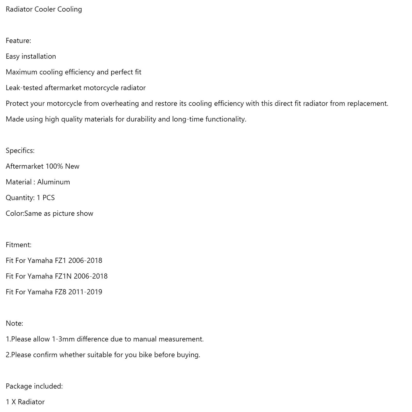 Aluminum Radiator Cooling Engine Cooler For Yamaha FZ1 FZ1N 06-18 FZ8 11-19