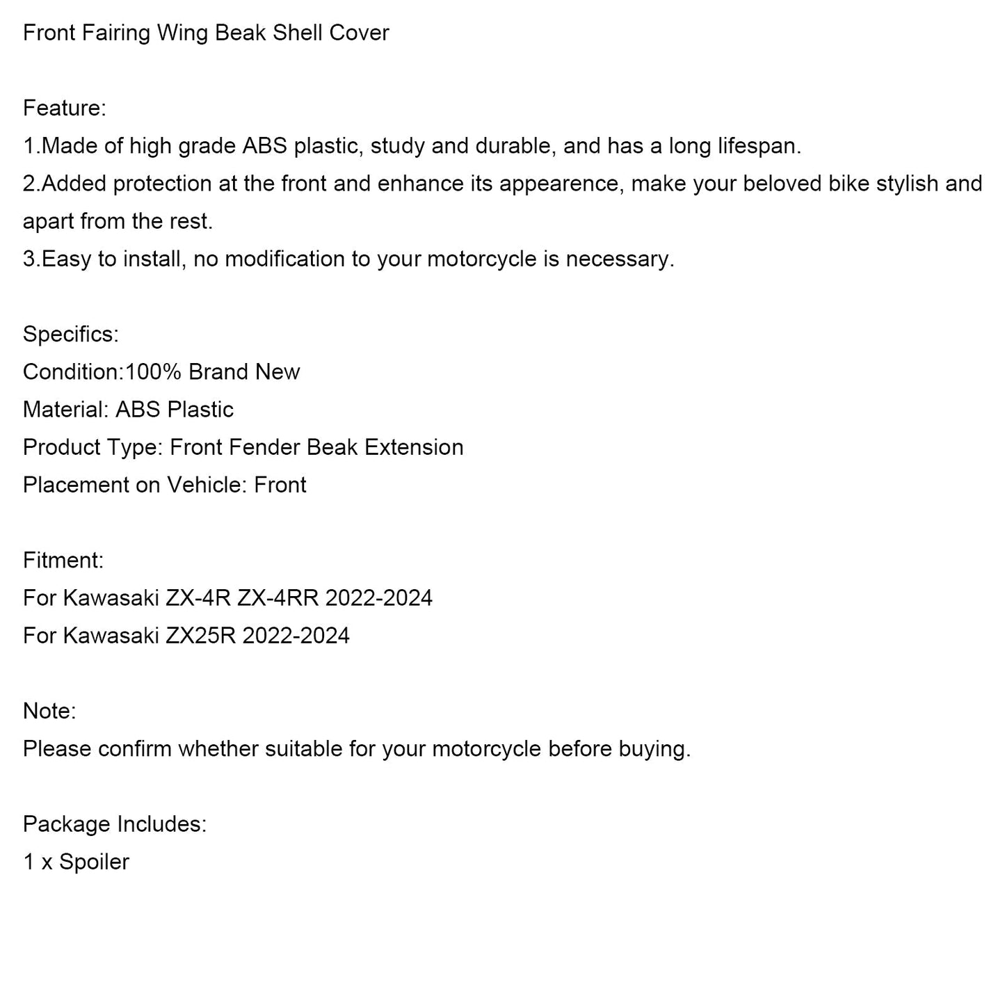 Coque de carénage avant pour Kawasaki ZX4R, ZX4RR, ZX25R 2022-2024